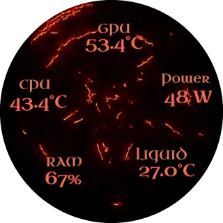 Pentagram NZXT Kraken LCD screen with a burning ember pentagram on black and orange gothic temperature and power readings