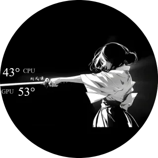 Rukia NZXT Kraken LCD screen with a black and white anime swordswoman in a kimono and white CPU and GPU temperatures