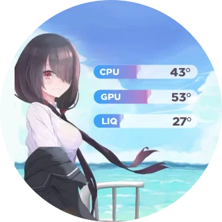 Kurumi NZXT Kraken LCD GIF screen showing a seaside railing and ocean background with blue vertical bars for CPU, GPU, and liquid temperature