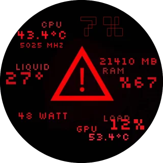 Critical ERROR NZXT Kraken LCD GIF screen with a red warning triangle and red pixel-font CPU, GPU, RAM, liquid and power readouts
