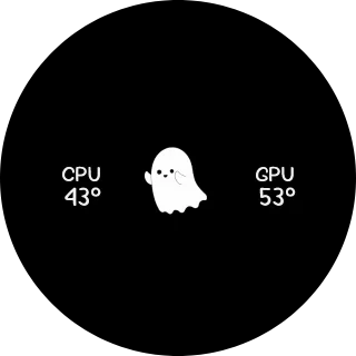 Cute Ghosty NZXT Kraken LCD screen with a small white ghost sticker in the center and CPU and GPU temperature readings on either side