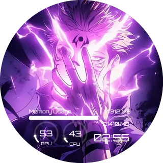 Sakuna NZXT Kraken LCD screen with an anime fighter in purple lightning, a RAM usage bar and CPU and GPU ring gauges