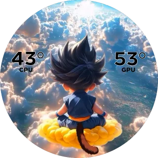 Goku Dual Infographic NZXT Kraken LCD screen with young Goku on his cloud above the sky and CPU and GPU temperatures