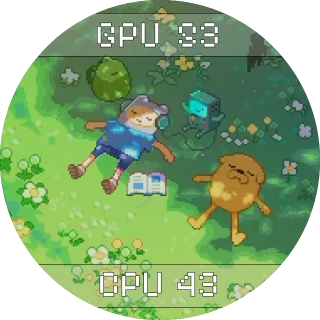 Adventure Time NZXT Kraken LCD GIF screen with a pixel-art meadow scene and GPU and CPU temperatures in pixel-font banners
