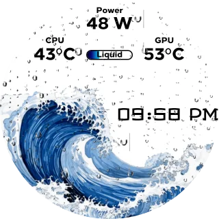 Water Wave NZXT Kraken LCD GIF screen featuring a blue ocean wave background with CPU, GPU, and liquid temperature readings and a digital clock