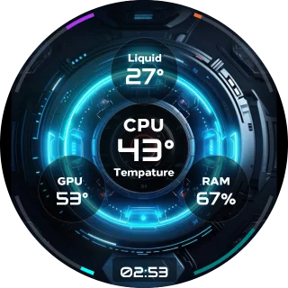 Reactor NZXT Kraken LCD screen with a glowing cyan reactor core, round temperature readouts, ring gauges and a clock