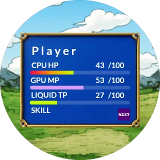 NZXT x RPG NZXT Kraken LCD infographic with green, purple, and pink temperature bars and RPG style status text