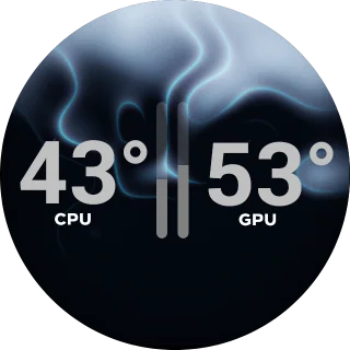 PD3 NZXT Kraken LCD GIF screen with drifting blue-gray smoke and large CPU and GPU temperatures with thin bars