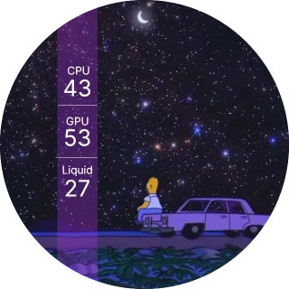HommS NZXT Kraken LCD screen with a yellow cartoon dad on his car under a starry purple night sky and a temperature strip