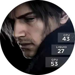 Resident Leon NZXT Kraken LCD screen with a dark cinematic close-up of Leon Kennedy and CPU, GPU and liquid temperature tags