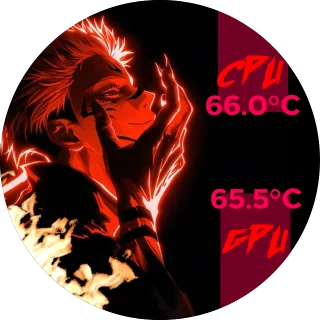Red Sukuna NZXT Kraken LCD infographic with fiery anime artwork on the left and pink CPU and GPU temperature readings on the right.