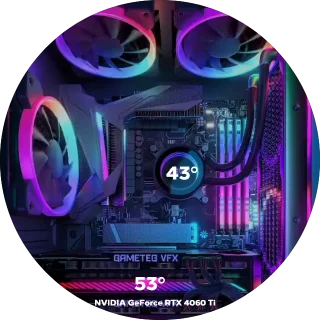 Inside NZXT Kraken LCD screen with an RGB gaming PC interior, CPU temperature on the pump and GPU model and temperature