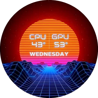 Synthwave Grid NZXT Kraken LCD GIF screen featuring a retro synthwave sun with scanlines over a blue wireframe grid with CPU and GPU temperature