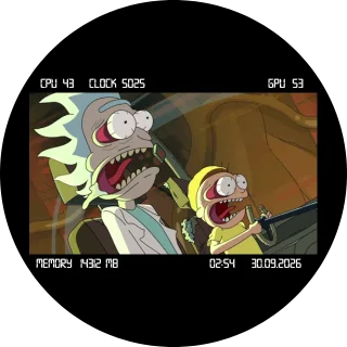 Rick Morty NZXT Kraken LCD GIF screen with Rick and Morty screaming inside a camera viewfinder frame and pixel stats