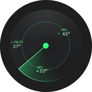 Radar NZXT Kraken LCD screen with a rotating green radar sweep and CPU, GPU and liquid temperatures as blips