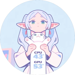 Fieren NZXT Kraken LCD screen with a silver-haired anime elf girl hugging a white cat and blue CPU and GPU temps
