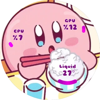 KIRBY EATING NZXT Kraken LCD GIF showing Kirby eating rice with pink CPU load and cyan GPU load arc gauges and liquid temperature
