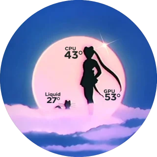 SMoon NZXT Kraken LCD screen with a Sailor Moon silhouette and Luna before a glowing pink moon and dark temperatures