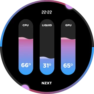 Test Tubes NZXT Kraken LCD screen with purple and blue liquid test tubes for CPU, GPU and liquid temperatures and a clock