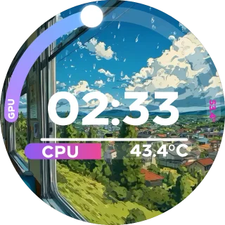 Arc-Linear-Clock NZXT Kraken LCD GIF clock with an anime train window view, a large clock, a CPU temperature bar and an arc gauge