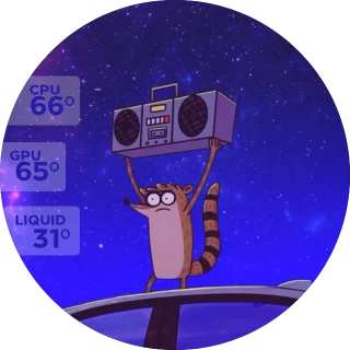 Rigby from Regular Show holding a boombox beneath a purple starry sky, with CPU, GPU and liquid temperature overlays on a circular NZXT Kraken LCD.