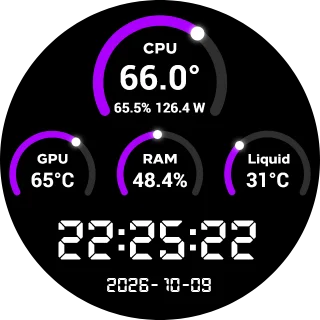 Chronograph Purple NZXT Kraken LCD clock screen with purple arc gauges for CPU, GPU, RAM and liquid above a large digital clock and date