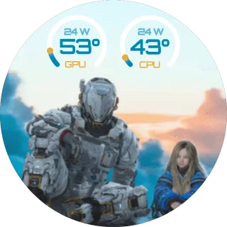 Pragmata 2 NZXT Kraken LCD GIF screen with an astronaut and a girl under a warm sky and CPU and GPU ring gauges