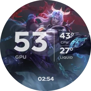 Revenant Reign Viego NZXT Kraken LCD screen with League of Legends Viego splash art and white CPU, GPU and liquid temps
