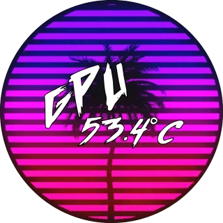Synthwave NZXT Kraken LCD GIF screen with a palm tree silhouette over purple and pink stripes and a GPU temperature