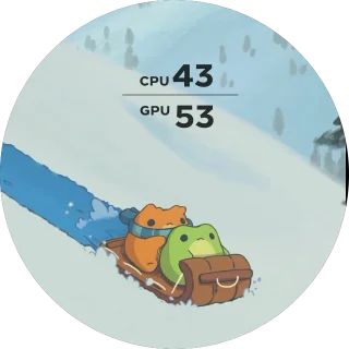 Frogs NZXT Kraken LCD screen with a cartoon frog and cat sledding on snow and dark CPU and GPU temperatures