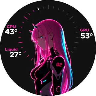 Zero Two NZXT Kraken LCD infographic with a pink CPU temperature arc gauge, liquid and GPU temperature readings, and audio visualizer bars