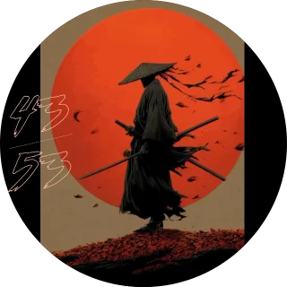 Ronin NZXT Kraken LCD screen with a straw-hat samurai in falling red leaves before a red sun and outlined temperatures