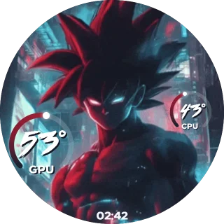 Goku NZXT Kraken LCD GIF screen with red-haired Goku over a dark city and small CPU and GPU arc gauges
