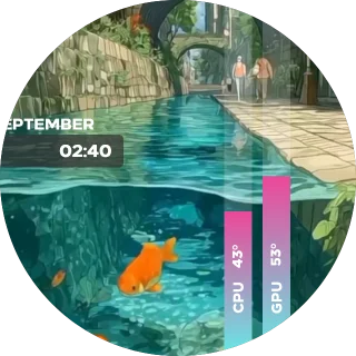 Fish Dual Linear NZXT Kraken LCD clock screen with a goldfish in an anime canal, a clock and CPU and GPU bars