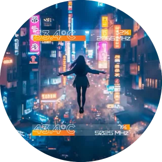 Street NZXT Kraken LCD screen with a girl floating over a neon city street at night and orange CPU and GPU stat bars
