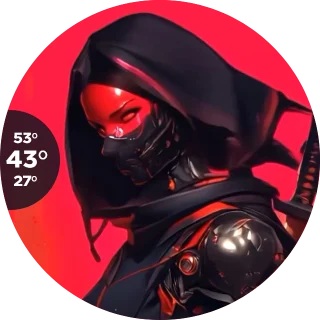 Black Red custom NZXT Kraken LCD screen with a masked ninja on a red background and a CPU, GPU and liquid temperature panel