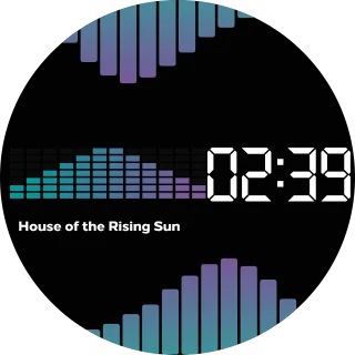 Equ-Clock NZXT Kraken LCD music screen with blue and purple equalizer bars, a large digital clock and the song title