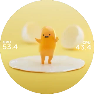 Egg Dancing NZXT Kraken LCD screen with a dancing cartoon egg yolk on yellow and thin CPU and GPU temperatures