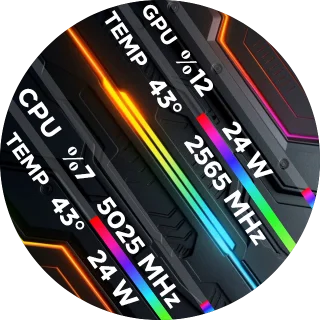 RGB UI NZXT Kraken LCD screen with diagonal rainbow RGB hardware panels and angled CPU and GPU stat bands