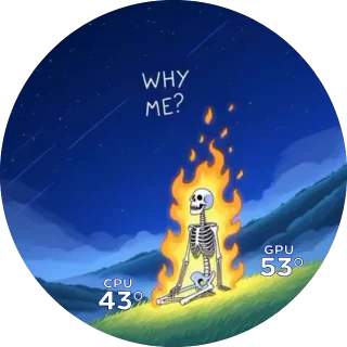 Why Me ? NZXT Kraken LCD screen with a cartoon skeleton burning on a hill under a starry sky and CPU and GPU temperatures