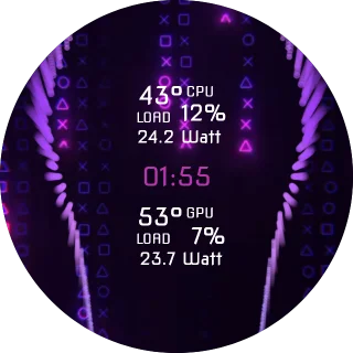 Purple Matrix NZXT Kraken LCD GIF screen with a PlayStation button symbols pattern, audio visualizers, and CPU and GPU temperature and load readings