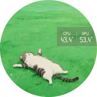 Relax Cat NZXT Kraken LCD screen with a tabby cat lying on its back in green grass and a glass temperature panel