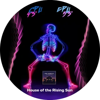 Skeleton Dance NZXT Kraken LCD music screen with a video background, audio visualizers, album art, and CPU and GPU temperature readings