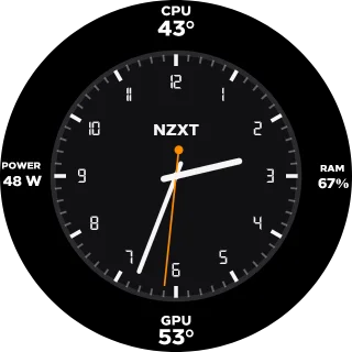 Analog Clock NZXT Kraken LCD clock screen with an analog watch face, NZXT label and CPU, GPU, RAM and power readings around the edge