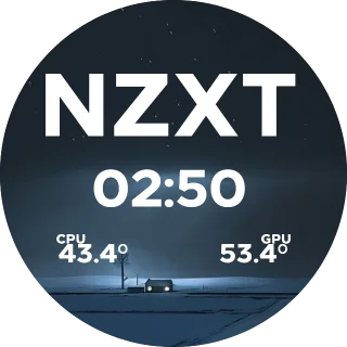 Nuke NZXT Kraken LCD clock screen with an orange mushroom cloud, an NZXT title, a clock and CPU and GPU temperatures