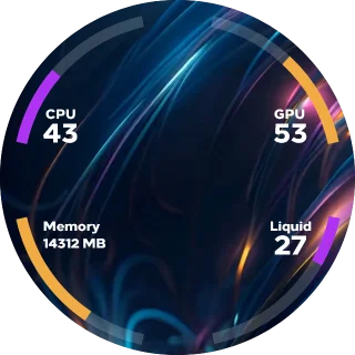 Combo NZXT Kraken LCD screen with flowing blue and orange light streaks and four curved gauges around the edge