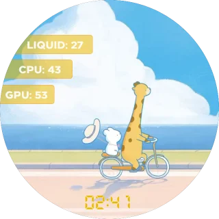Giraffe NZXT Kraken LCD screen with a cartoon giraffe riding a bike by the sea and yellow temperature tags