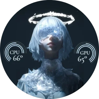 Blind Angel NZXT Kraken LCD GIF screen with a white-haired angelic android, a fractured halo, and blue CPU and GPU temperature gauges