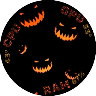 Halloween Pumpkins NZXT Kraken LCD GIF screen with glowing orange jack-o'-lantern faces and orange CPU, GPU, and RAM temperature readings
