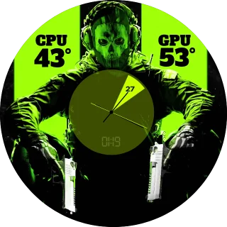 Ghost - Call of Duty NZXT Kraken LCD screen with a skull-masked operator, a central analog clock, and CPU and GPU temperature readings